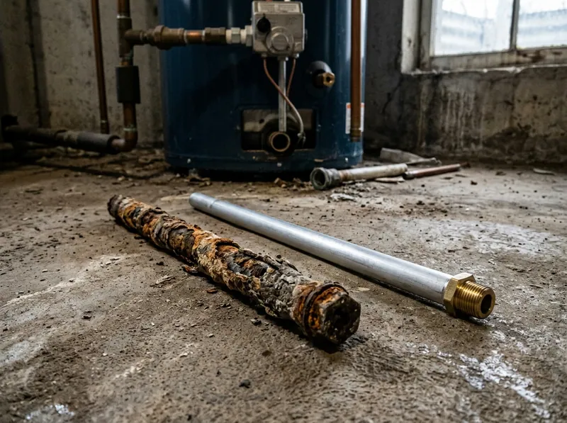 A corroded anode rod removed from a water heater lying on concrete beside a new replacement rod