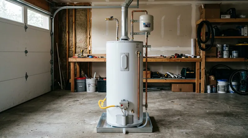 A newly installed residential water heater in a garage with flexible connectors, a drain pan and an expansion tank above it