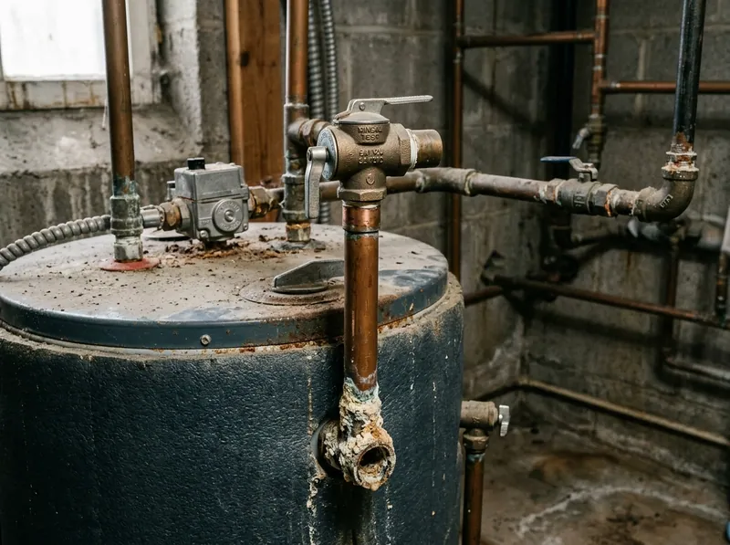 A temperature and pressure relief valve on a water heater with a discharge pipe, mineral deposit at the outlet