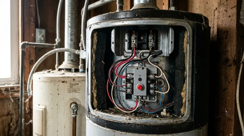 The upper access panel of an electric water heater removed showing the thermostat and a red high limit reset button