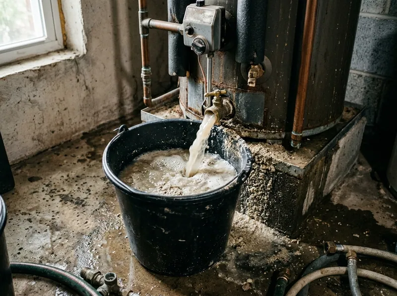 Thick white mineral sediment drained from a water heater into a bucket, cloudy water and grit