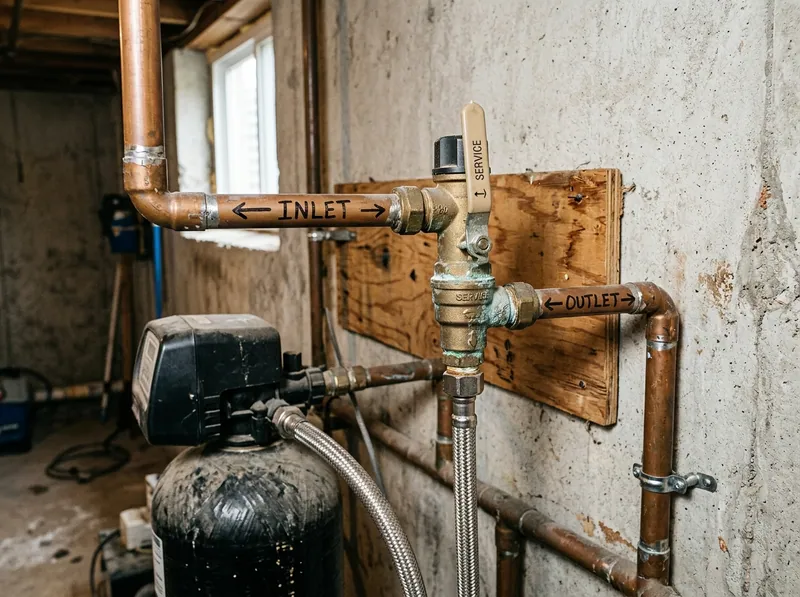 A softener bypass valve in the service position with inlet and outlet pipework clearly marked