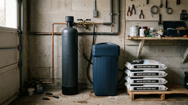 A water softener resin tank and brine tank in a garage beside a stack of salt bags, bypass valve visible