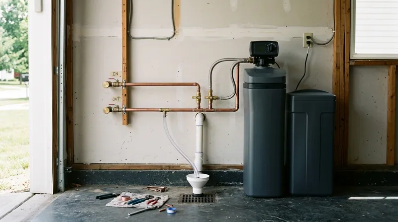 A water softener being plumbed into a capped garage softener loop, new bypass valve and drain line with an air gap