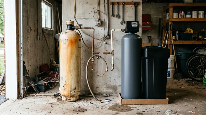 An old discoloured water softener tank standing beside a new replacement unit in a garage, disconnected pipework between them