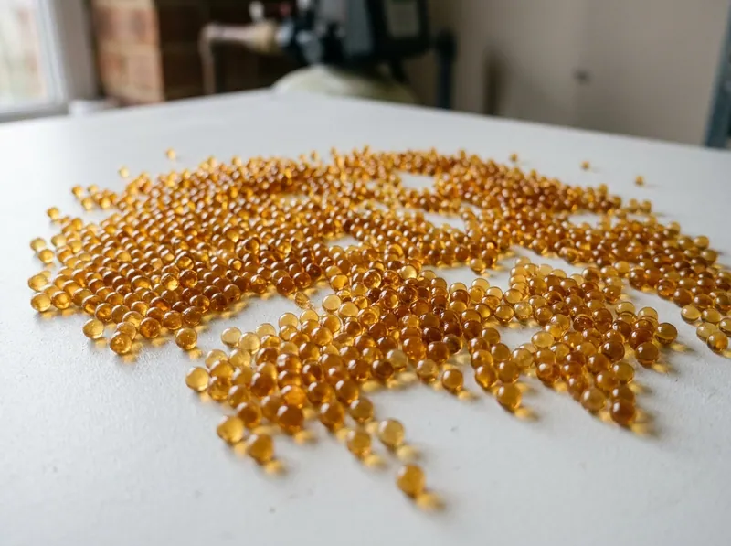 A close view of water softener resin beads spilled on a clean surface, amber coloured spheres