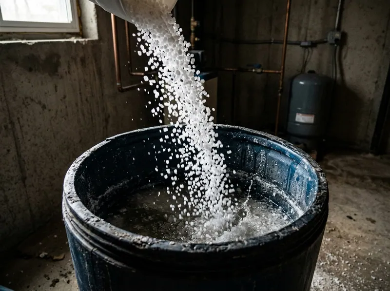 Water softener salt pellets being poured into a brine tank, pellets catching the light