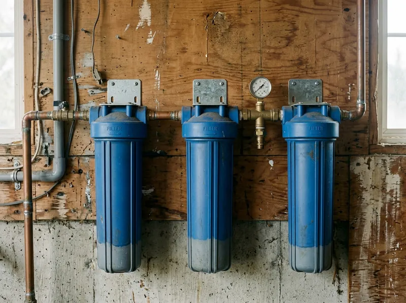 A bank of whole house filter housings plumbed in series on a garage wall, pressure gauge between them